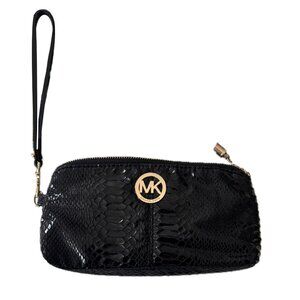 Michael Kors Wristlet Faux Leather Python Embossed Black Gold Pin Logo EUC